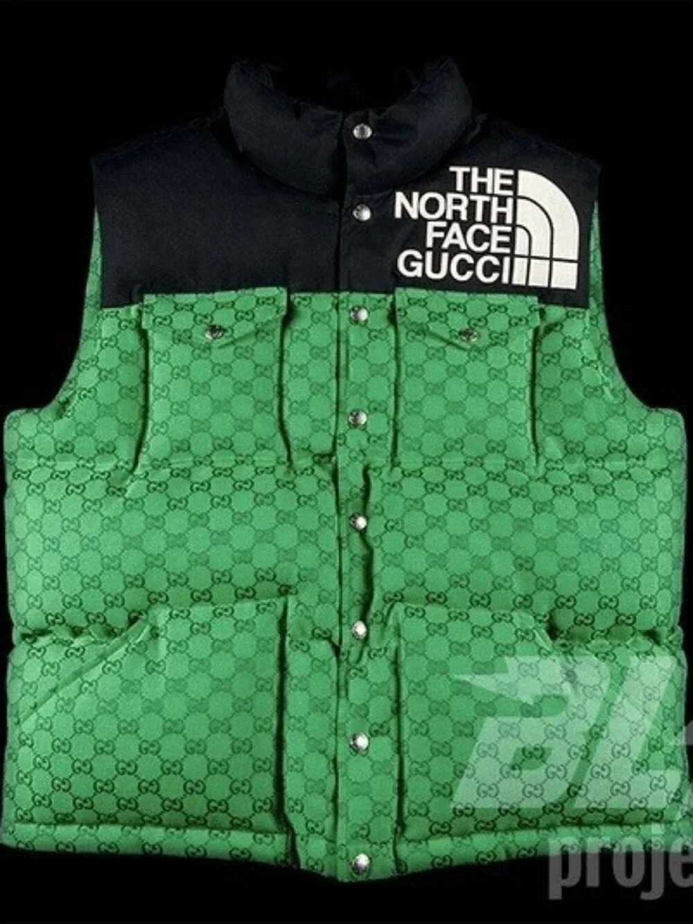 The North Face x Gucci Green Monogram Puffer Vest with Black Yoke